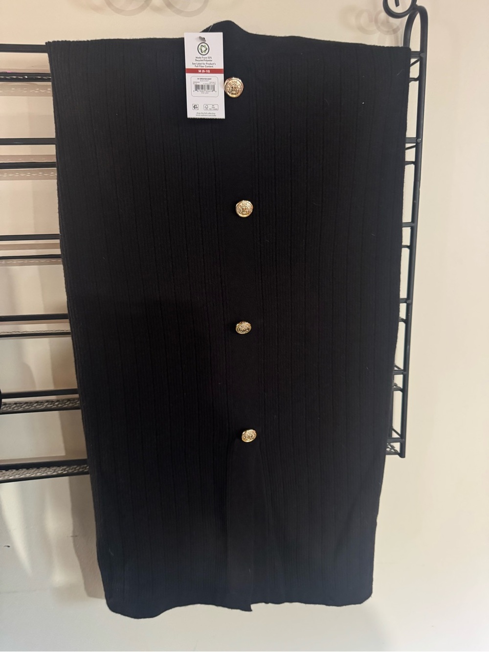 NWT Black Ribbed Pencil Midi Skirt Gold Button Front